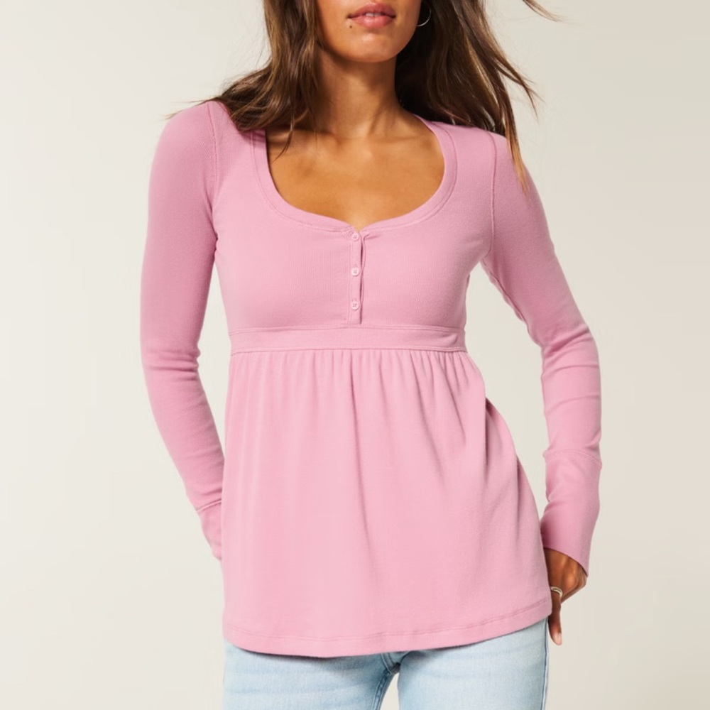 Hollister Light Pink Long Sleeve Scoop Neck Henley Top